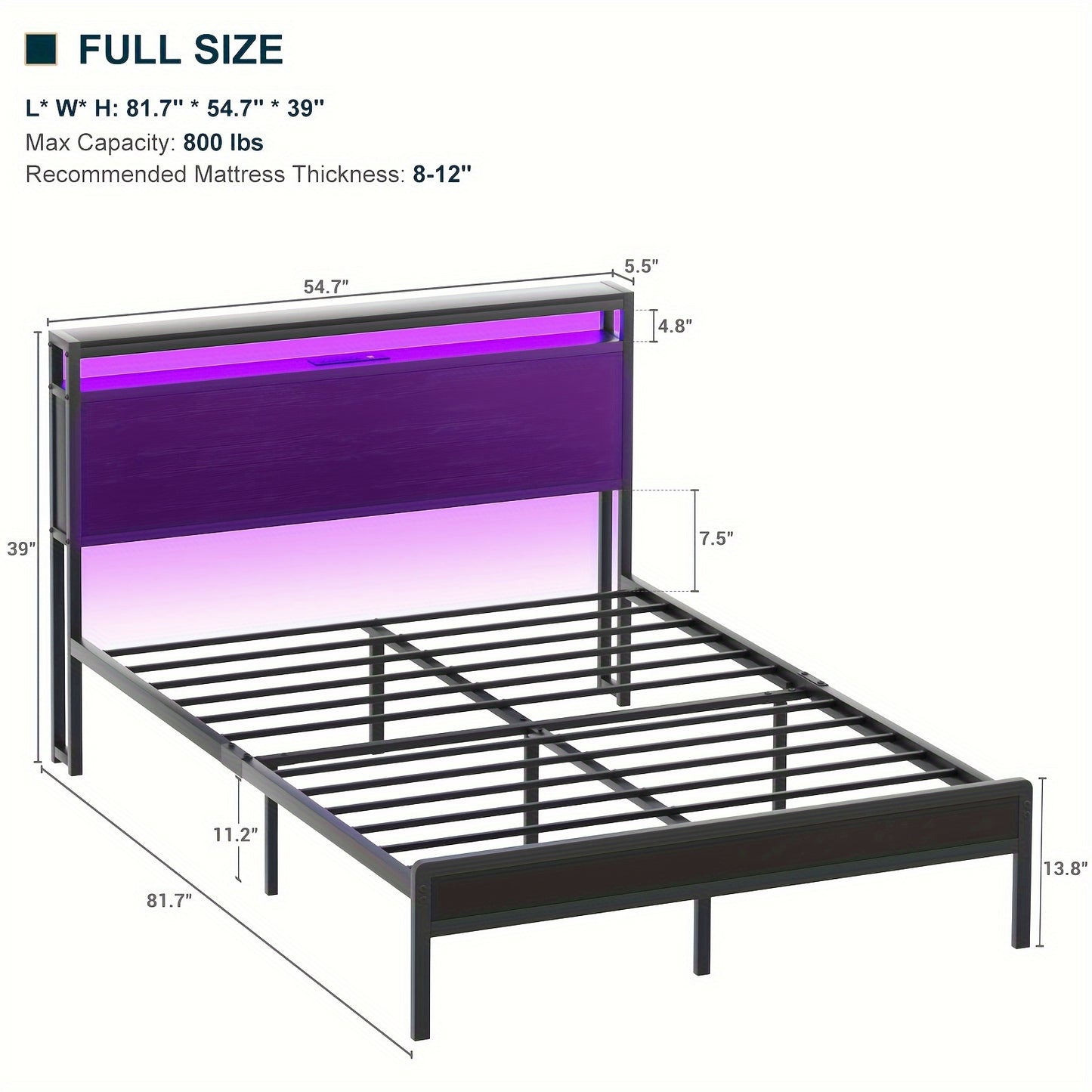 Homieasy LED Bed Frame with Headboard and Charging Station, Industrial Style Metal Platform Bed, Steel Plate Support, No Spring Bed, Noiseless, Easy to Assemble, Black