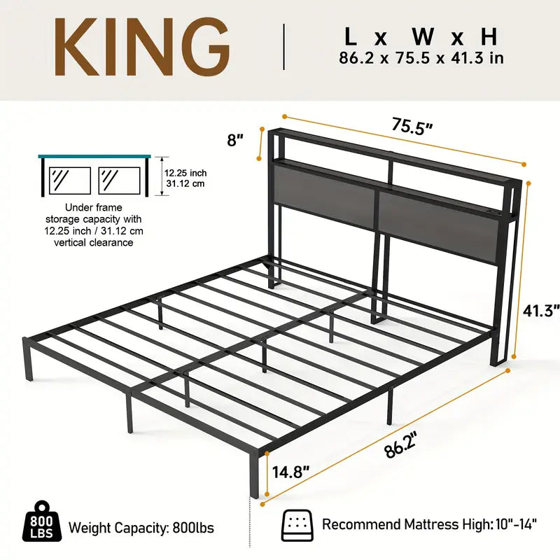 Full Queen King Size Bed Frame with Headboard, Metal Platform Bed Frame with LED Lights & Charging Station, Under Bed Storage, Solid And Stable, No Box Spring Needed, Noise Free, Easy Assembly, Dark Grey