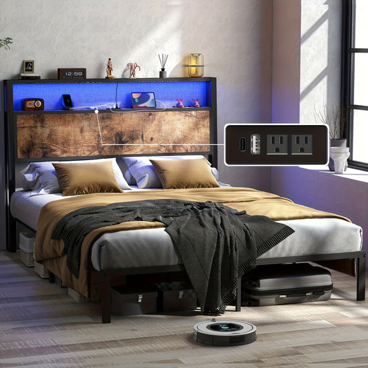 Full, Queen, King Size Bed Frame with 12 Color LED Lights & Charging Station, Metal Platform Bed with 2 Tier Wood Storage Headboard, Under Bed Storage, Noise Free, No Box Spring Needed, Solid and Stable, Easy Assembly, Rustic Brown