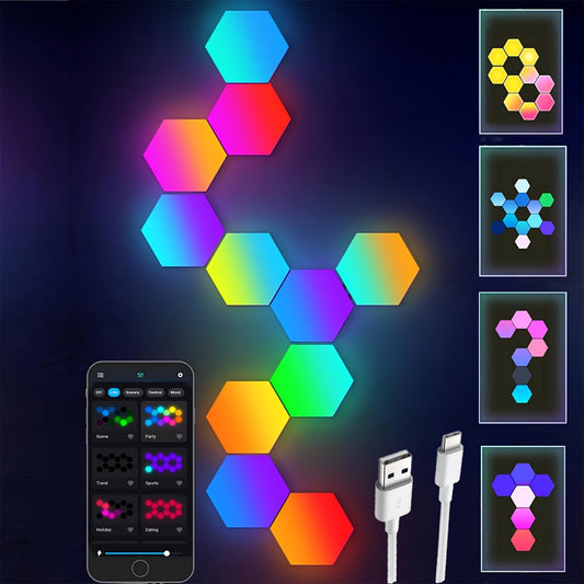 10-Pack Hexagon LED Wall Panels - RGBIC Color-Changing, App-Controlled, Music Sync, and USB Powered - Perfect for Living Room and Gaming Decor