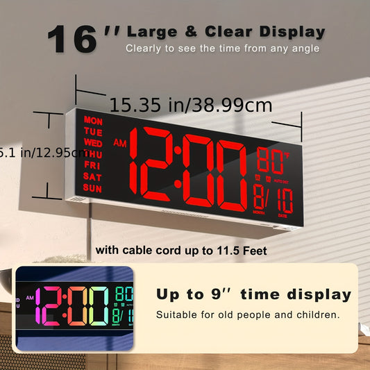 16.2'' Large Digital Wall Clock With Remote Control, Big LED/Dual Alarm/8 RGB Colors/Auto Brightness/Date/Auto DST/Temperature/Night Light Gym Clocks For Living Room Bedroom Office Wall Decor