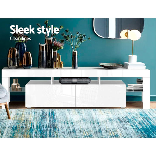 RGB LED TV Stand - Modern Entertainment Unit With Tempered Glass Shelf & Drawers
