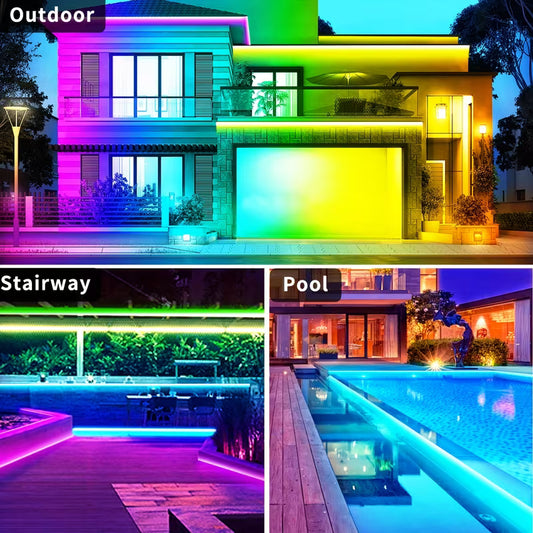 400ft Outdoor LED Light System with App & Remote Control, IP67 Waterproof Rating, Music Sync Smart Outdoor with 24/7 Timing, Dynamic Color Changing LED with Single-Tap Color Selection, Compatible with Alexa/Assistant, for Christmas/Halloween/Party Decorations, Long-Range LED for Home, Garden, Driveway, Fence, Balcony, Eaves, Walls