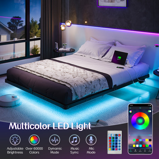 Dayago Queen Size Floating Bed Frame with USB Charging Station & Blue LED - Heavy-Duty Metal Platform Bed, No Box Spring Needed, Low-Profile Modern Bed Frame for Queen Beds, Easy Assembly ( Plug)