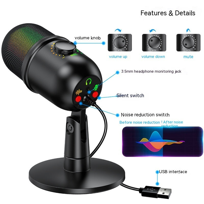 USB Microphone - RGB Gaming Mic for Live Streaming & Recording with Black Design