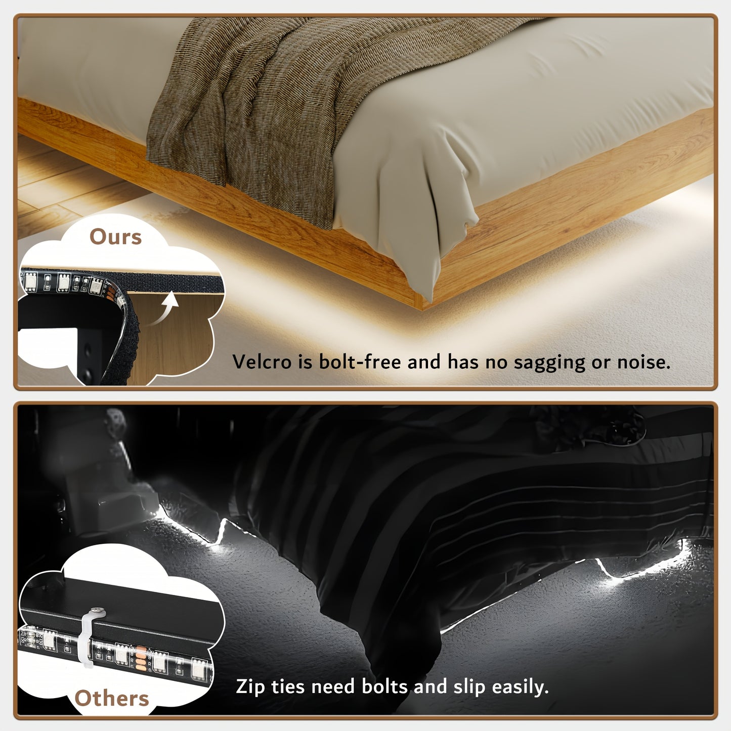 Valnase Floating Bed Frame With LED Lights, With Built-In Charging Station Storage Wooden Headboard, Heavy-Duty Metal Support, Easy Assembly