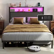 Full Queen King Size Bed Frame with Headboard, Metal Platform Bed Frame with LED Lights & Charging Station, Under Bed Storage, Solid And Stable, No Box Spring Needed, Noise Free, Easy Assembly, Dark Grey