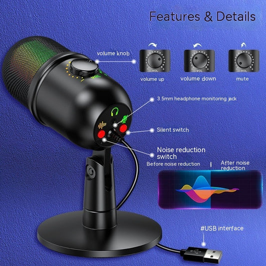 USB Microphone - RGB Gaming Mic for Live Streaming & Recording with Black Design