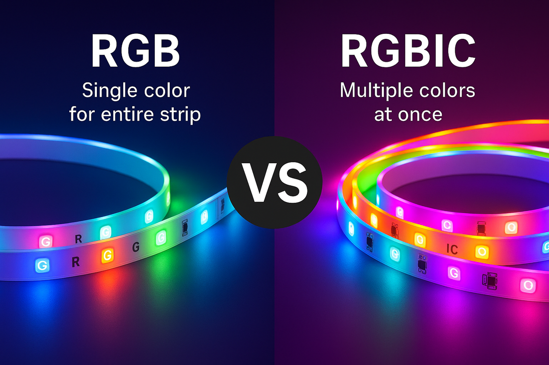 RGB vs RGBIC lights strip light that is rgb on the left and rgbic on the right