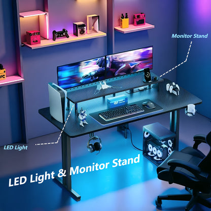 HLFurniNova RGB LED Gaming Desk with Power Outlets And Monitor Stand, Ergonomic Computer Gaming Workstation, Large Carbon Fibre Tabletop Home Office Desk with Cup Holder And Headphone Hook, Black, Gaming Room Accessories, Gaming Room Decor, Workstation Setup, Modern Workstation, Stylish Gaming Table, Premium Workstation, Solid Wood Desk, Streamers, Pc Gamers