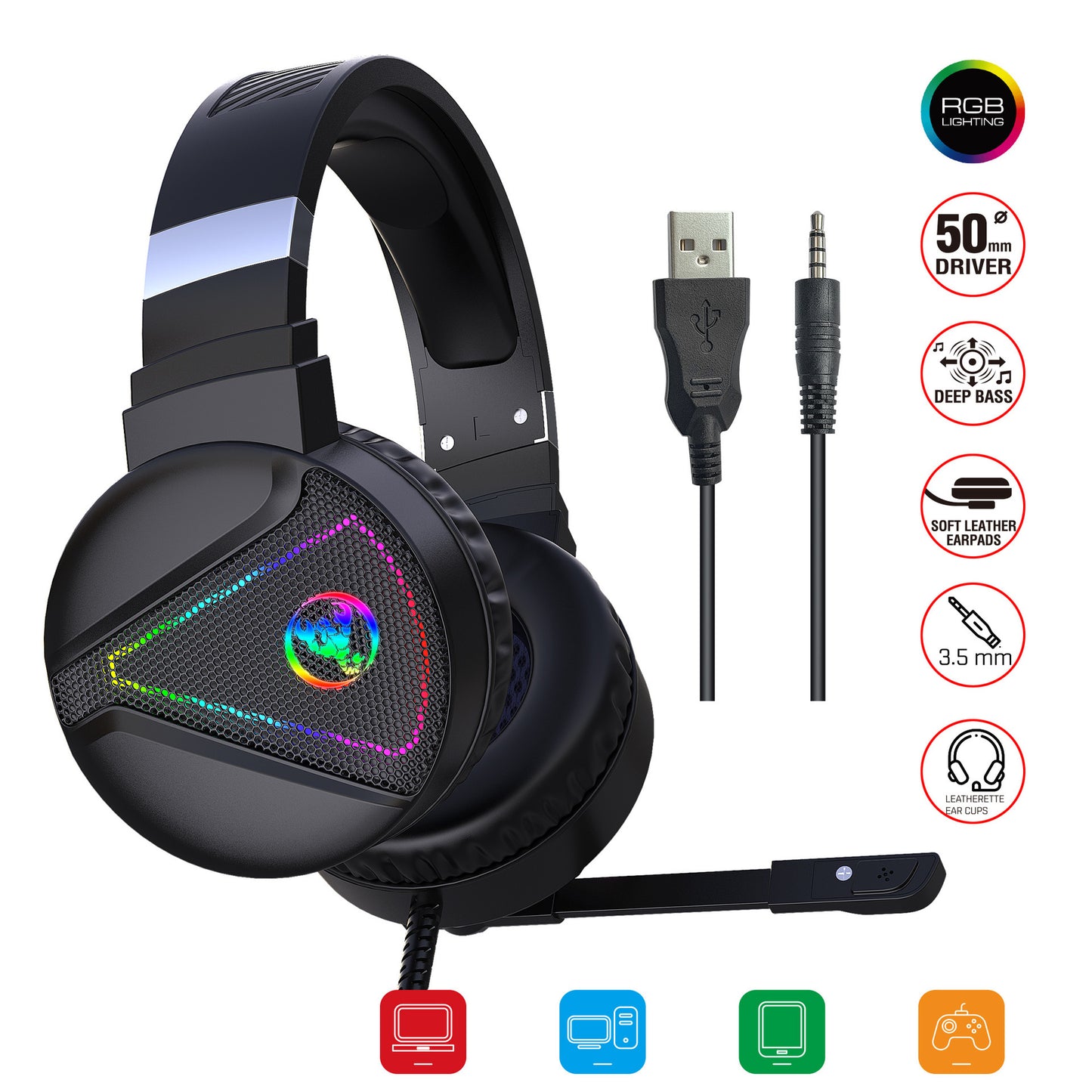 RGB Gaming Headset - Wired ABS Material Headphones With Mic, USB Plug