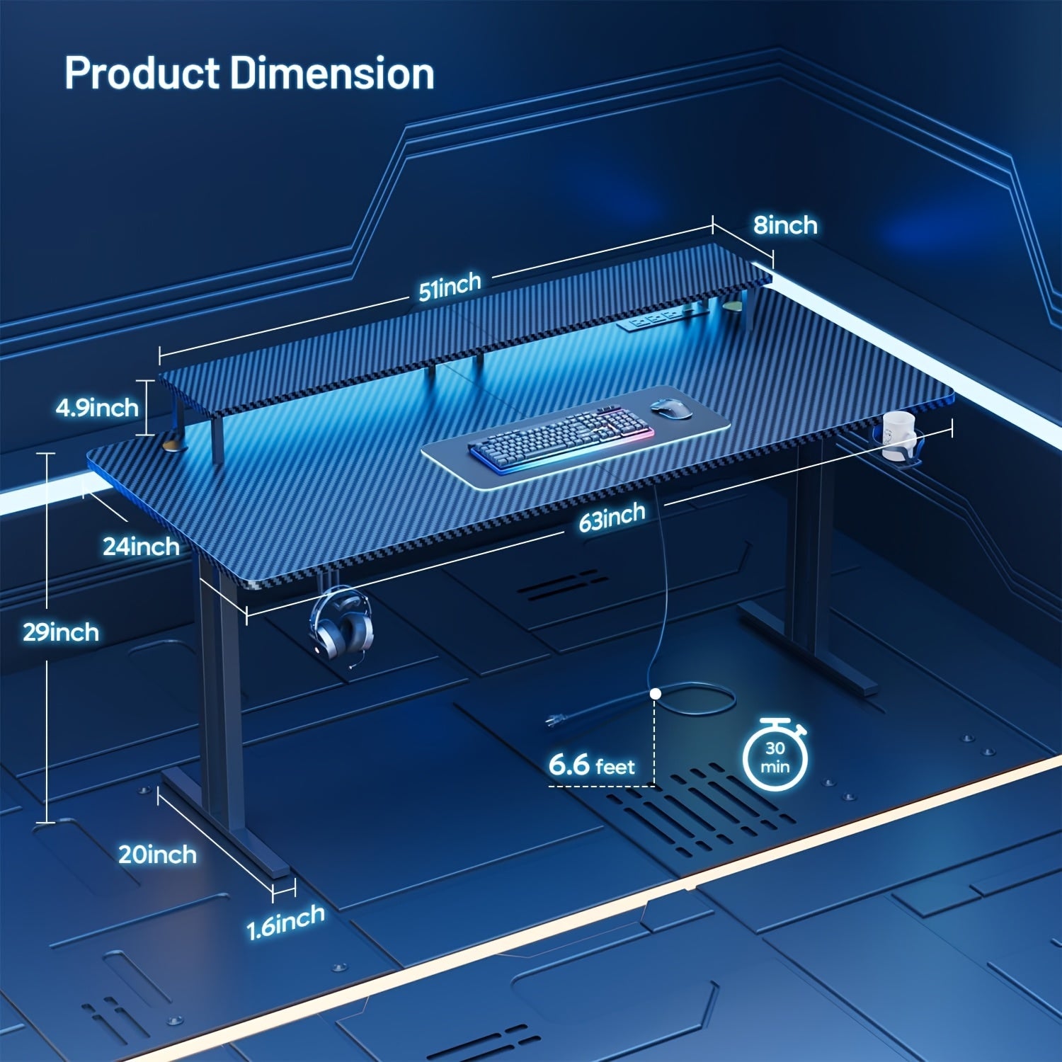 HLFurniNova RGB LED Gaming Desk with Power Outlets And Monitor Stand, Ergonomic Computer Gaming Workstation, Large Carbon Fibre Tabletop Home Office Desk with Cup Holder And Headphone Hook, Black, Gaming Room Accessories, Gaming Room Decor, Workstation Setup, Modern Workstation, Stylish Gaming Table, Premium Workstation, Solid Wood Desk, Streamers, Pc Gamers