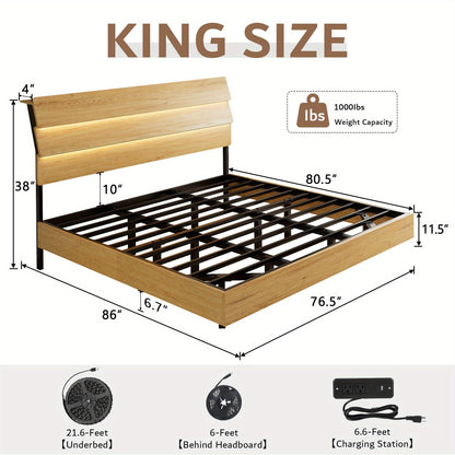 Valnase Floating Bed Frame With LED Lights, With Built-In Charging Station Storage Wooden Headboard, Heavy-Duty Metal Support, Easy Assembly