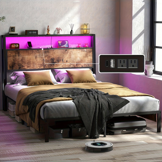 Full, Queen, King Size Bed Frame with 12 Color LED Lights & Charging Station, Metal Platform Bed with 2 Tier Wood Storage Headboard, Under Bed Storage, Noise Free, No Box Spring Needed, Solid and Stable, Easy Assembly, Rustic Brown