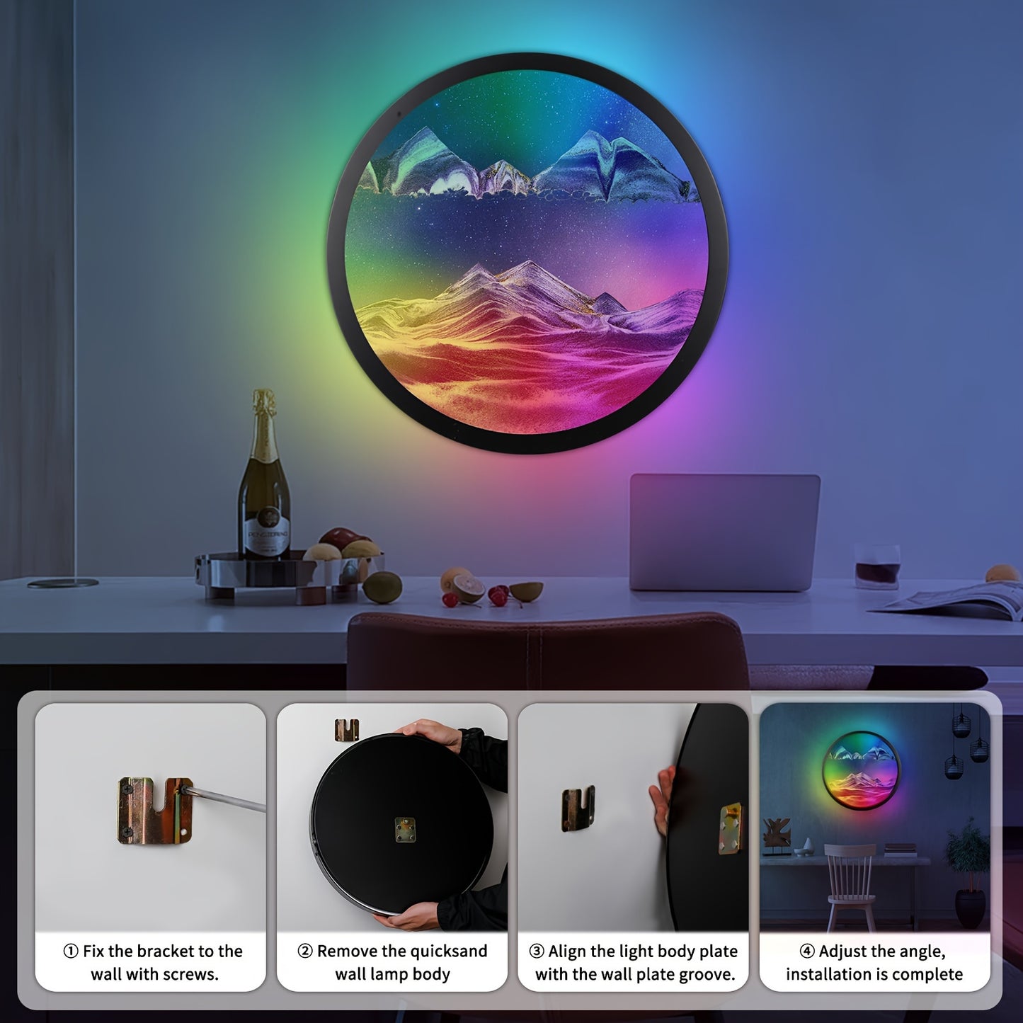 Moving Sand Art With LED Wall Sconce, Sand Art Wall Mounted Lamps, Battery Operated Wall Sconce With Remote Control, 16 RGB Colors Changeable Dimmable, Touch Control Wall Decor