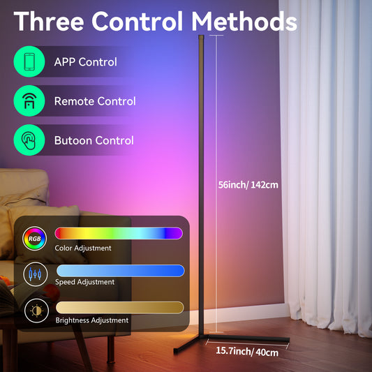 LED 1/2 Set Corner Floor Lamp - 16 Million Color Changing, RGB Smart Modern Light (Adjustable 56 Inches Approximately 142cm) with Remote Control and APP Control, USB Powered, Four Modes Sync to Music for Game Room, Living Room Office & Party Decorat