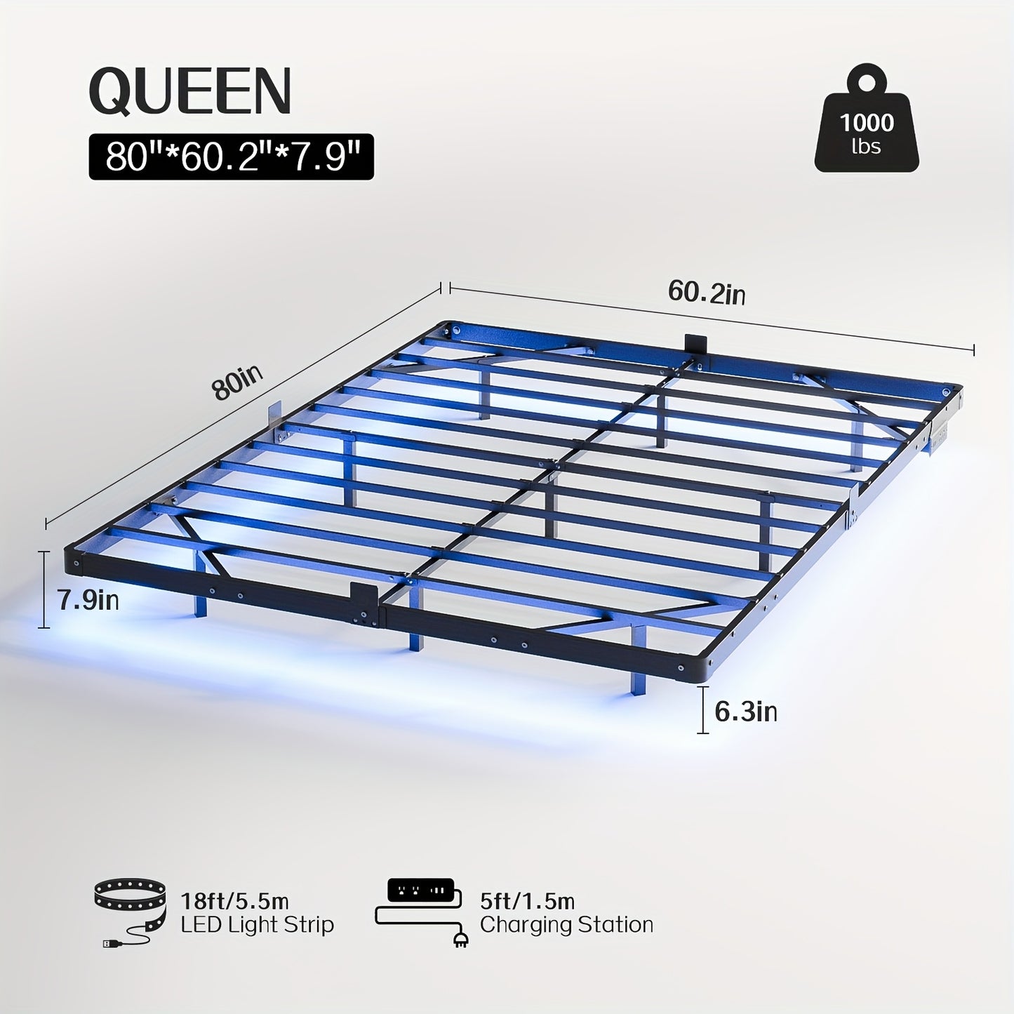 Dayago Queen Size Floating Bed Frame with USB Charging Station & Blue LED - Heavy-Duty Metal Platform Bed, No Box Spring Needed, Low-Profile Modern Bed Frame for Queen Beds, Easy Assembly ( Plug)