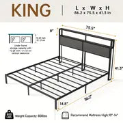 Full Queen King Size Bed Frame with Headboard, Metal Platform Bed Frame with LED Lights & Charging Station, Under Bed Storage, Solid And Stable, No Box Spring Needed, Noise Free, Easy Assembly, Dark Grey