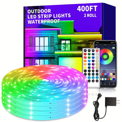 400ft Outdoor LED Light System with App & Remote Control, IP67 Waterproof Rating, Music Sync Smart Outdoor with 24/7 Timing, Dynamic Color Changing LED with Single-Tap Color Selection, Compatible with Alexa/Assistant, for Christmas/Halloween/Party Decorations, Long-Range LED for Home, Garden, Driveway, Fence, Balcony, Eaves, Walls