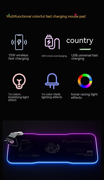 Wireless Charging Mouse Pad - RGB Gaming Mat with USB Hub & Cloth Surface