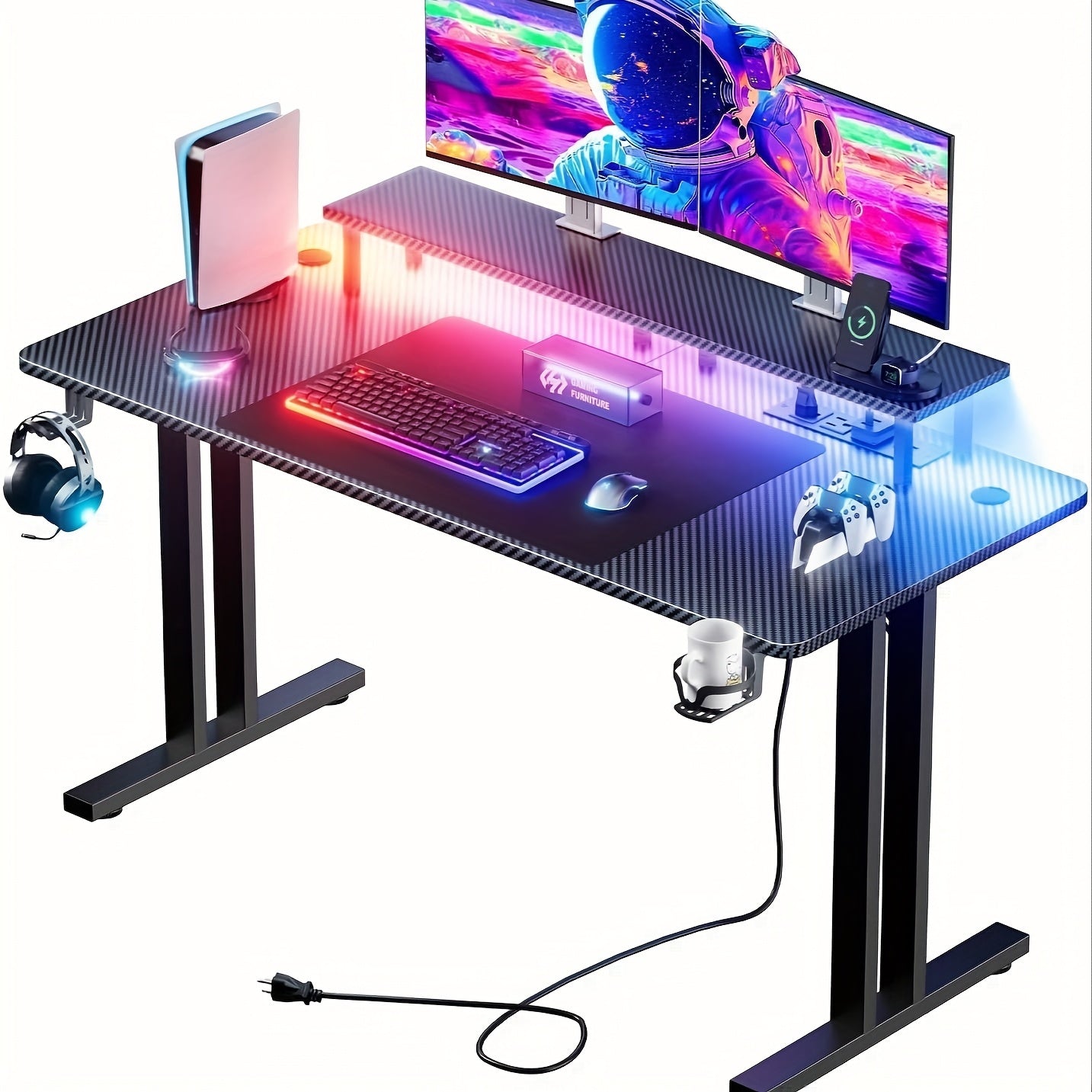 HLFurniNova RGB LED Gaming Desk with Power Outlets And Monitor Stand, Ergonomic Computer Gaming Workstation, Large Carbon Fibre Tabletop Home Office Desk with Cup Holder And Headphone Hook, Black, Gaming Room Accessories, Gaming Room Decor, Workstation Setup, Modern Workstation, Stylish Gaming Table, Premium Workstation, Solid Wood Desk, Streamers, Pc Gamers