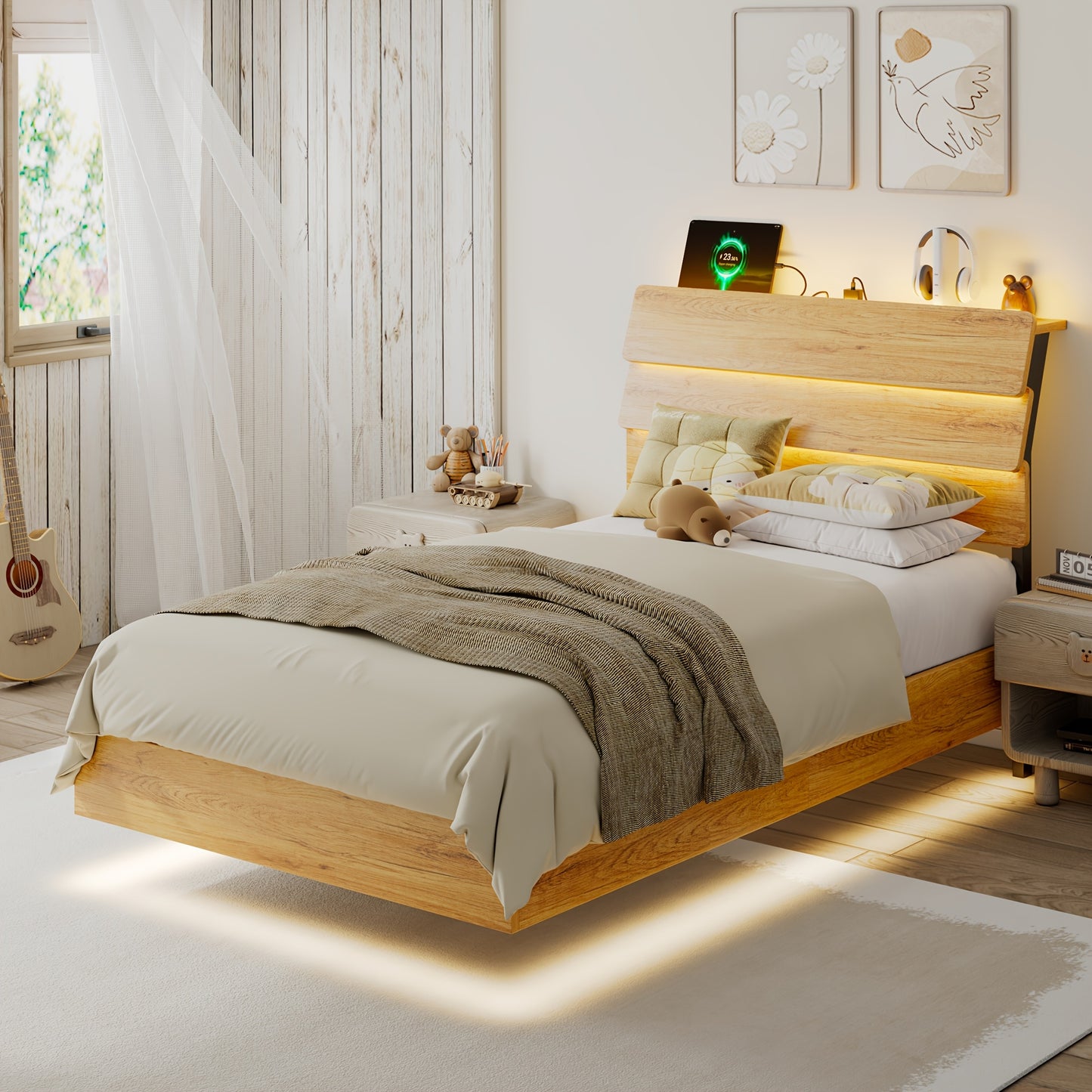 Valnase Floating Bed Frame With LED Lights, With Built-In Charging Station Storage Wooden Headboard, Heavy-Duty Metal Support, Easy Assembly