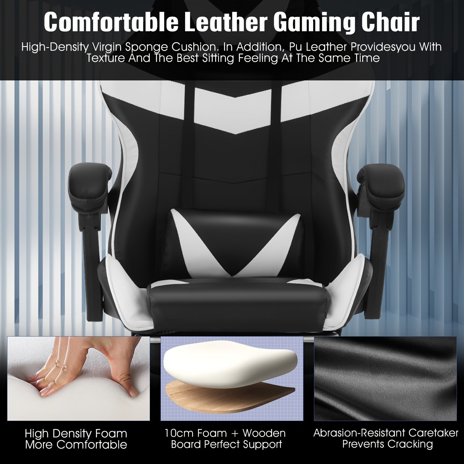 Gaming Chair With Footrest Office Desk Chair Ergonomic Gaming Chair PU Leather Reclining High Back Adjustable Swivel Lumbar Support Racing Style E-Sports Video Gamer Chairs