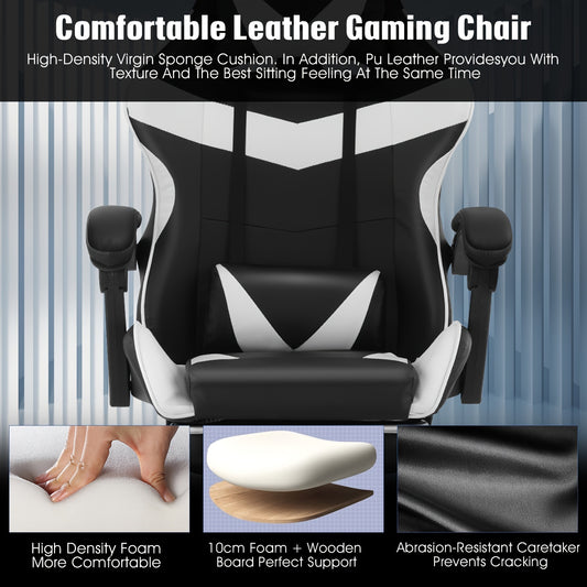 Gaming Chair With Footrest Office Desk Chair Ergonomic Gaming Chair PU Leather Reclining High Back Adjustable Swivel Lumbar Support Racing Style E-Sports Video Gamer Chairs