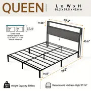 Full Queen King Size Bed Frame with Headboard, Metal Platform Bed Frame with LED Lights & Charging Station, Under Bed Storage, Solid And Stable, No Box Spring Needed, Noise Free, Easy Assembly, Dark Grey