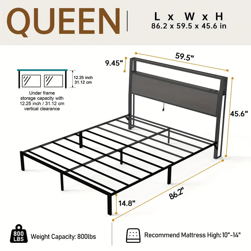 Full Queen King Size Bed Frame with Headboard, Metal Platform Bed Frame with LED Lights & Charging Station, Under Bed Storage, Solid And Stable, No Box Spring Needed, Noise Free, Easy Assembly, Dark Grey
