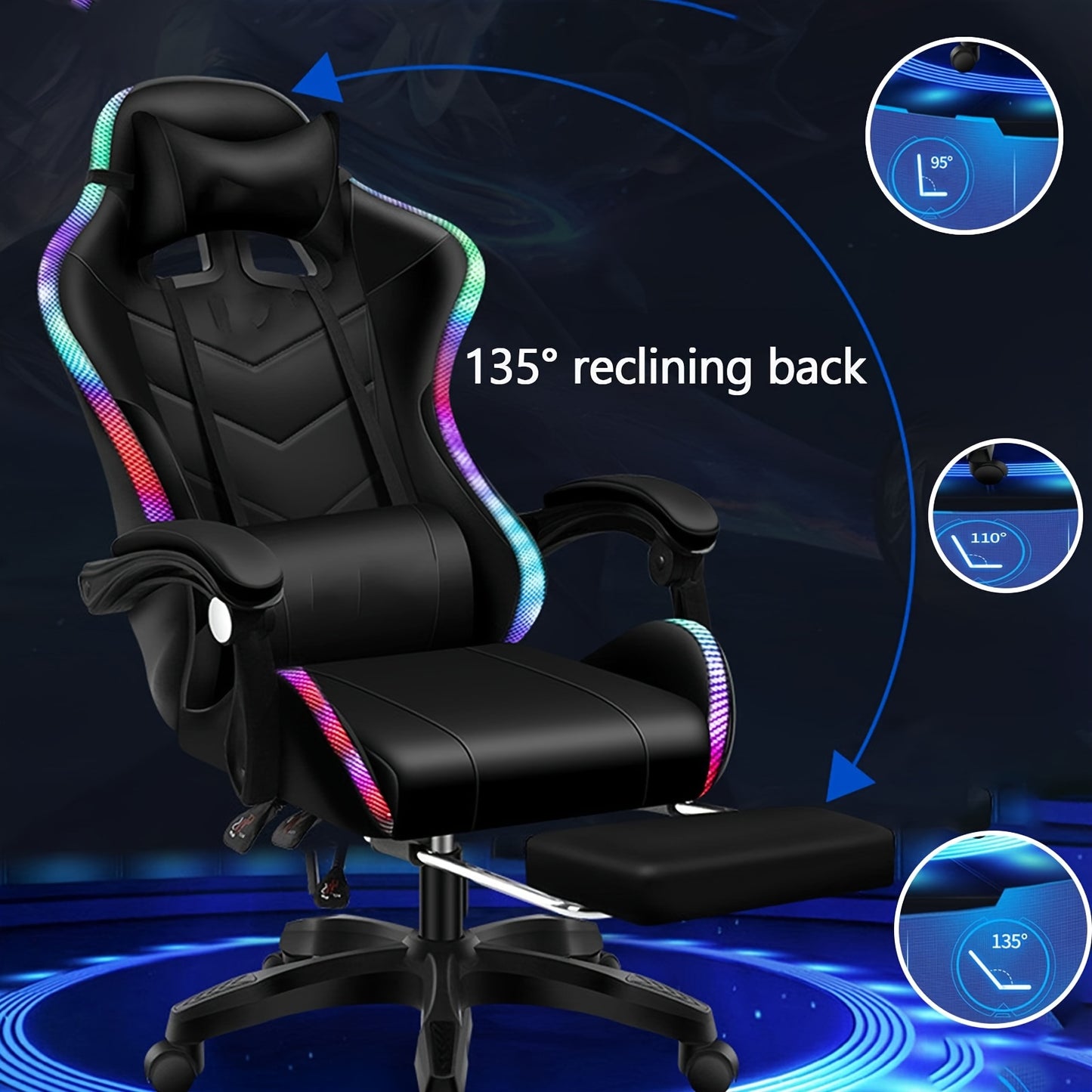 Gaming Chair With Footrest Office Desk Chair Ergonomic Gaming Chair PU Leather Reclining High Back Adjustable Swivel Lumbar Support Racing Style E-Sports Video Gamer Chairs