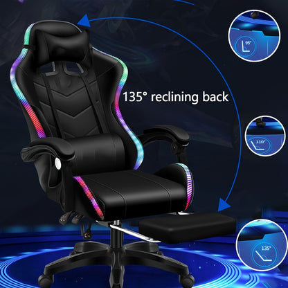 Gaming Chair With Footrest Office Desk Chair Ergonomic Gaming Chair PU Leather Reclining High Back Adjustable Swivel Lumbar Support Racing Style E-Sports Video Gamer Chairs