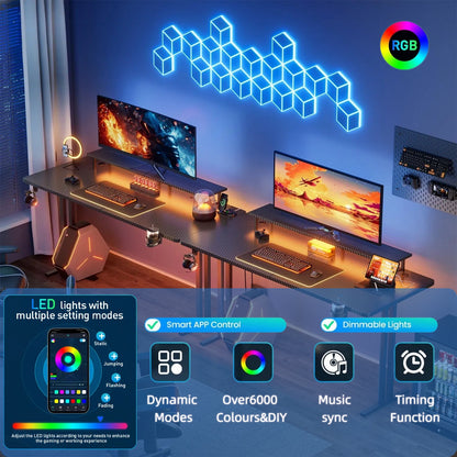 HLFurniNova RGB LED Gaming Desk with Power Outlets And Monitor Stand, Ergonomic Computer Gaming Workstation, Large Carbon Fibre Tabletop Home Office Desk with Cup Holder And Headphone Hook, Black, Gaming Room Accessories, Gaming Room Decor, Workstation Setup, Modern Workstation, Stylish Gaming Table, Premium Workstation, Solid Wood Desk, Streamers, Pc Gamers