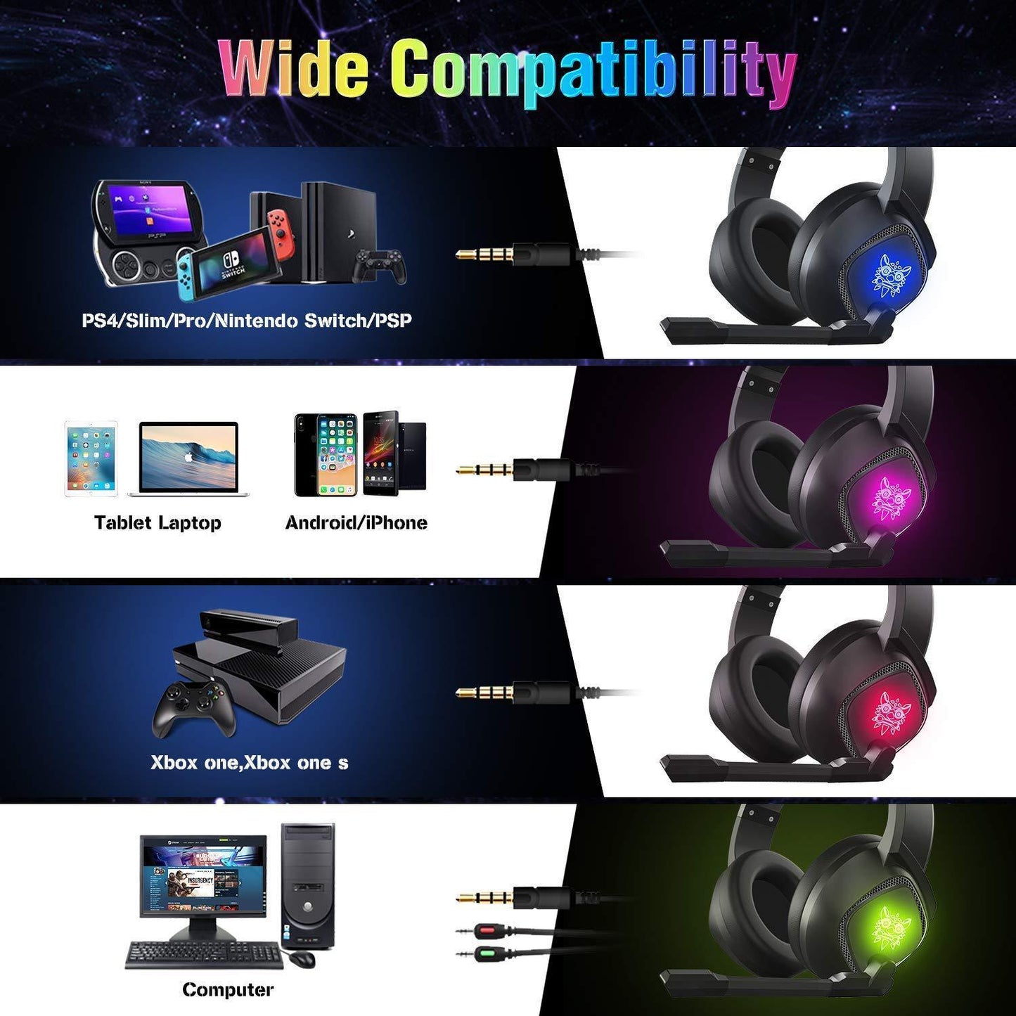 ONIKUMA K19 Headset - Wired Gaming Headphones with RGB LED Lights & 3.5mm Jack