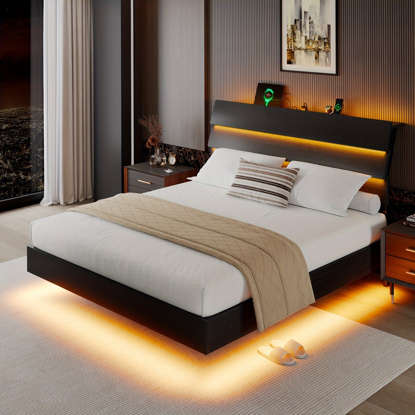 Valnase Floating Bed Frame With LED Lights, With Built-In Charging Station Storage Wooden Headboard, Heavy-Duty Metal Support, Easy Assembly