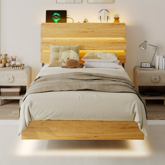 Valnase Floating Bed Frame With LED Lights, With Built-In Charging Station Storage Wooden Headboard, Heavy-Duty Metal Support, Easy Assembly