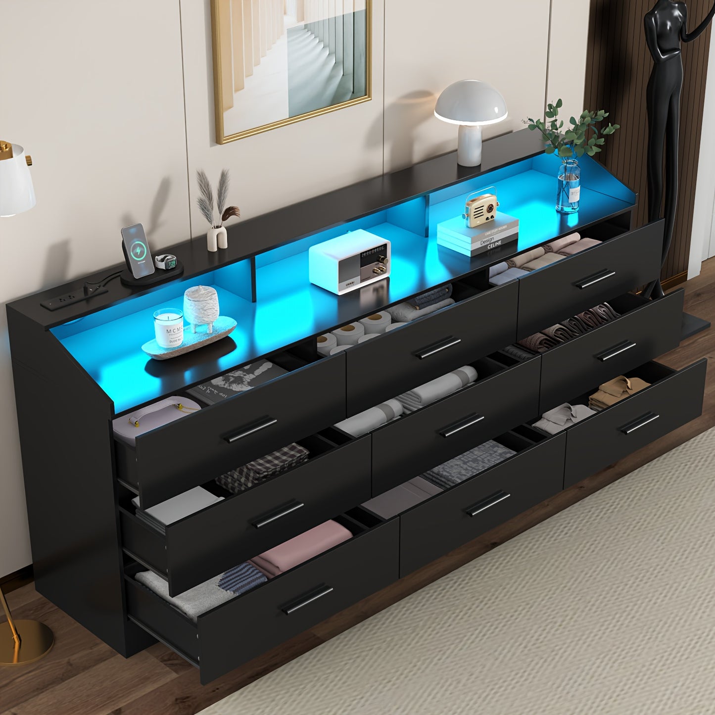 [Home Relaxation] Modern White 9-Drawer Double Dresser with LED Lighting & Power Outlet – Stylish Bedroom and Closet Organizer, Spacious Storage for Home, Perfect for Makeup, Accessories, and Personal Items, Bedroom Organizer | Minimalist Design | Integrated Power Outlet, Bedroom Decor And Accessories, Storage Drawer Units