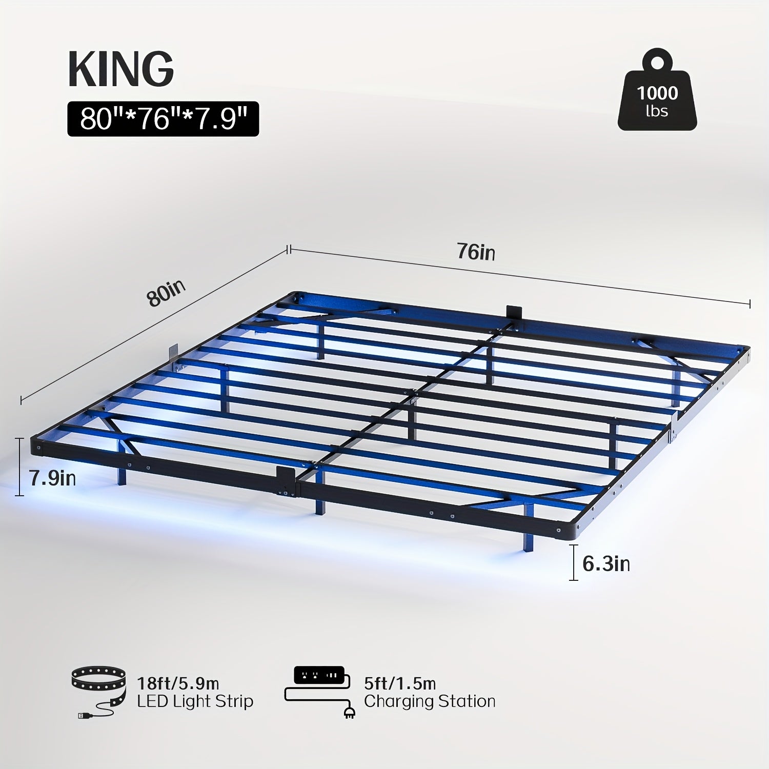 Dayago Queen Size Floating Bed Frame with USB Charging Station & Blue LED - Heavy-Duty Metal Platform Bed, No Box Spring Needed, Low-Profile Modern Bed Frame for Queen Beds, Easy Assembly ( Plug)