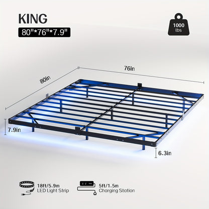 Dayago Queen Size Floating Bed Frame with USB Charging Station & Blue LED - Heavy-Duty Metal Platform Bed, No Box Spring Needed, Low-Profile Modern Bed Frame for Queen Beds, Easy Assembly ( Plug)