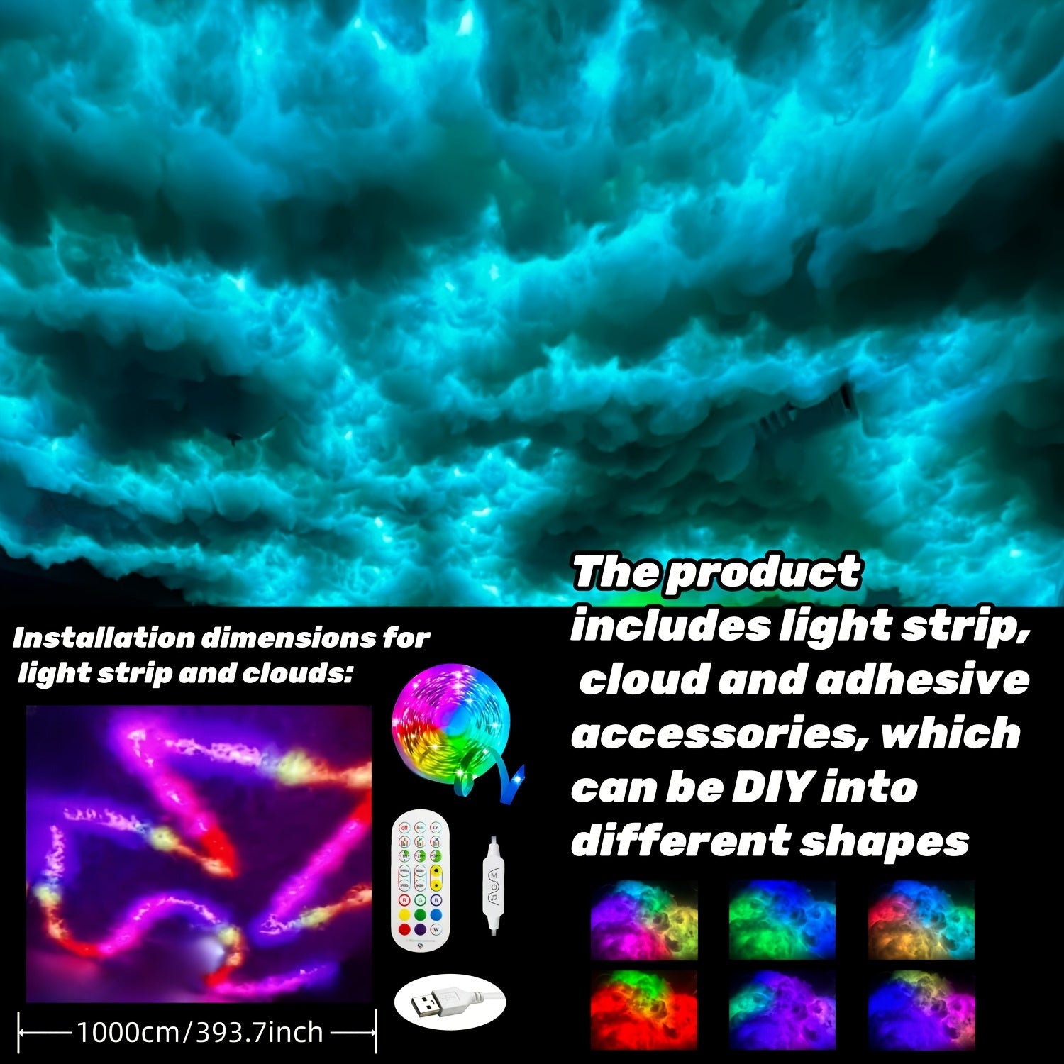 New Cloud Light, 3D Thundercloud LED Light, Lightning Cloud Colorful Atmosphere Night Light, DIY Creative Cloud Lights Gaming Room Garage Club Party Light, 32 Ft