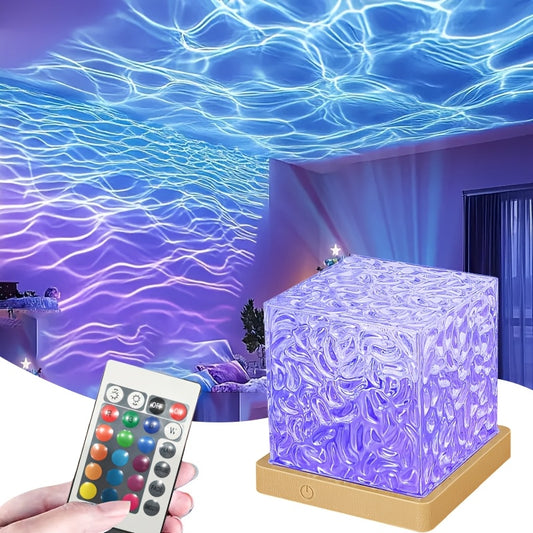 USB Rotating Water Wave Light Projector - Remote Control, Sea Wave Light Projector - Color Changing, Crystal Night Light Touch Lamp, 16 Colors RGB Table Lamp for Game Room, Bedroom, Party