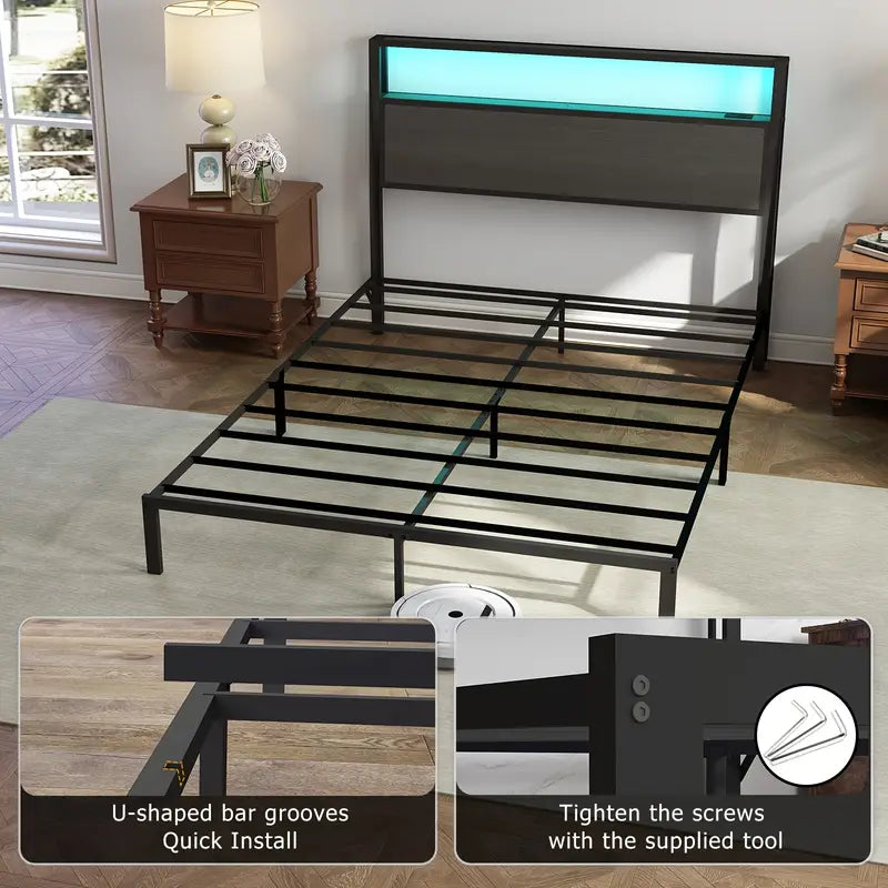 Full Queen King Size Bed Frame with Headboard, Metal Platform Bed Frame with LED Lights & Charging Station, Under Bed Storage, Solid And Stable, No Box Spring Needed, Noise Free, Easy Assembly, Dark Grey
