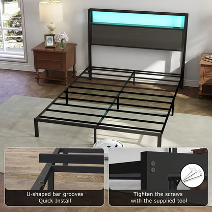 Full Queen King Size Bed Frame with Headboard, Metal Platform Bed Frame with LED Lights & Charging Station, Under Bed Storage, Solid And Stable, No Box Spring Needed, Noise Free, Easy Assembly, Dark Grey
