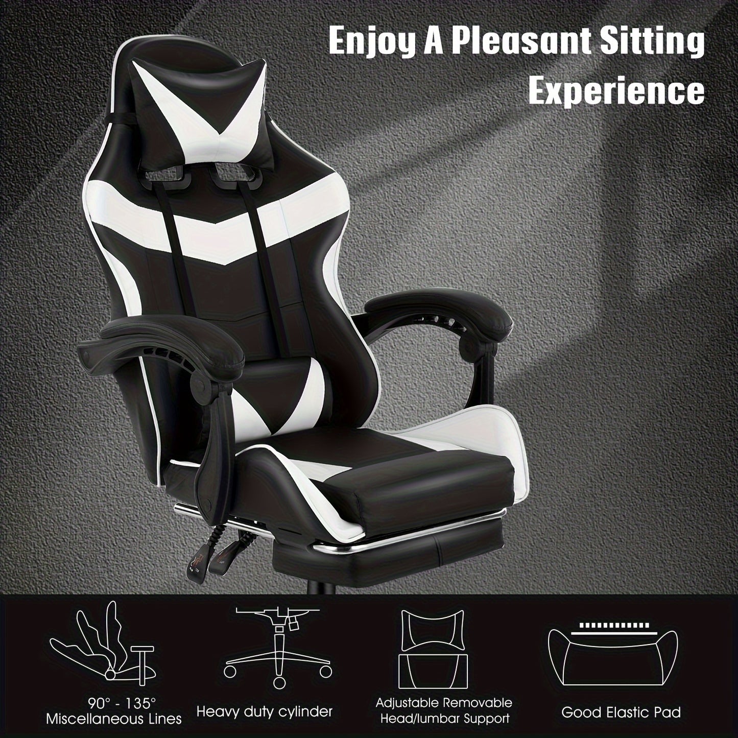 Gaming Chair With Footrest Office Desk Chair Ergonomic Gaming Chair PU Leather Reclining High Back Adjustable Swivel Lumbar Support Racing Style E-Sports Video Gamer Chairs