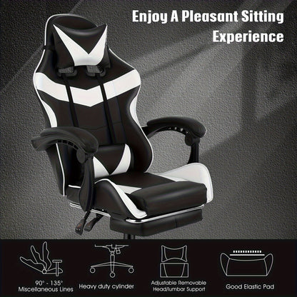 Gaming Chair With Footrest Office Desk Chair Ergonomic Gaming Chair PU Leather Reclining High Back Adjustable Swivel Lumbar Support Racing Style E-Sports Video Gamer Chairs