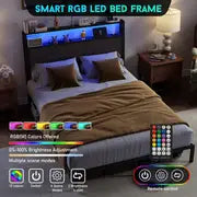 Full Queen King Size Bed Frame with Headboard, Metal Platform Bed Frame with LED Lights & Charging Station, Under Bed Storage, Solid And Stable, No Box Spring Needed, Noise Free, Easy Assembly, Dark Grey