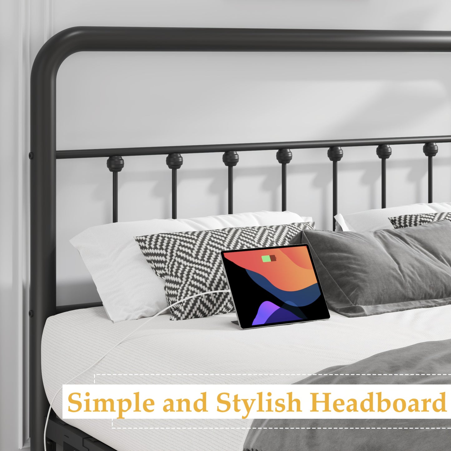 [Victorian Bed Frame] Classic Metal Platform Bed Frame Mattress Foundation with Victorian Style Iron-Art Headboard And Footboard/Under Bed Storage/No Box Spring Needed/Twin & Full & King Size, Bedroom Storage Solution, Underbed Organization System, Victorian Bed Frame, Iron Art Headboard Bed, Victorian Style Furniture, Classic Metal Design, Heavy-Duty Foundation, Durable Bed Frame, Small Space Dwellers, Apartment Renters