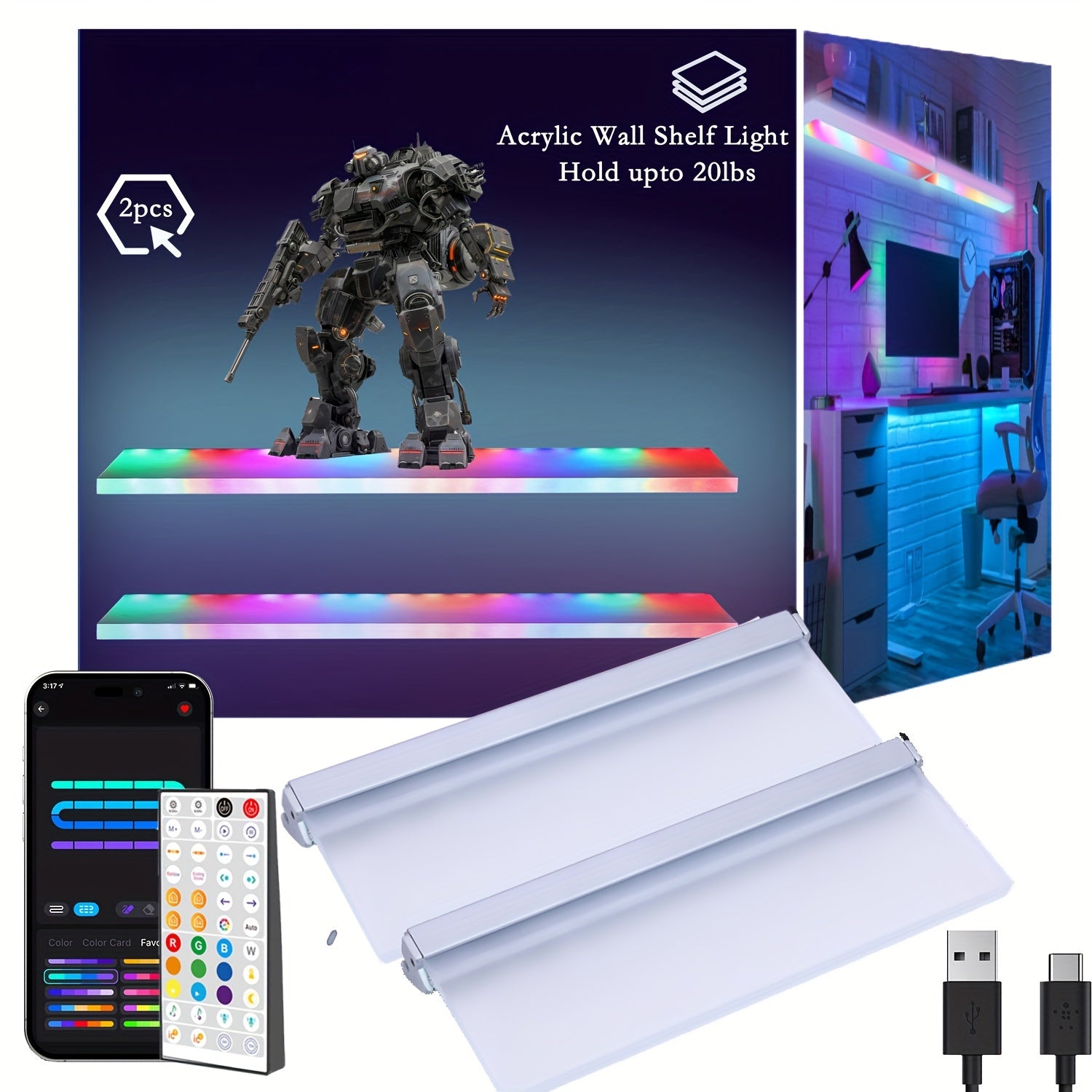 LED RGB SMART Floating Shelf Light, Work with App And Remote Control,, Aluminum Wall Mounted Acrylic Holding Plate Emitting Shelves for Living Room, Gaming Room, Bathroom Bedroom, 2sets, Can Support Upto 20lbs, Smart Home Storage, Remotecontrolled Shelf, Sleek Wall Shelf, Contemporary Design, Aluminum Construction, Highquality Acrylic, Adjustable Shelving, Iot Shelf Light, Home Organizers, Gamers Setup
