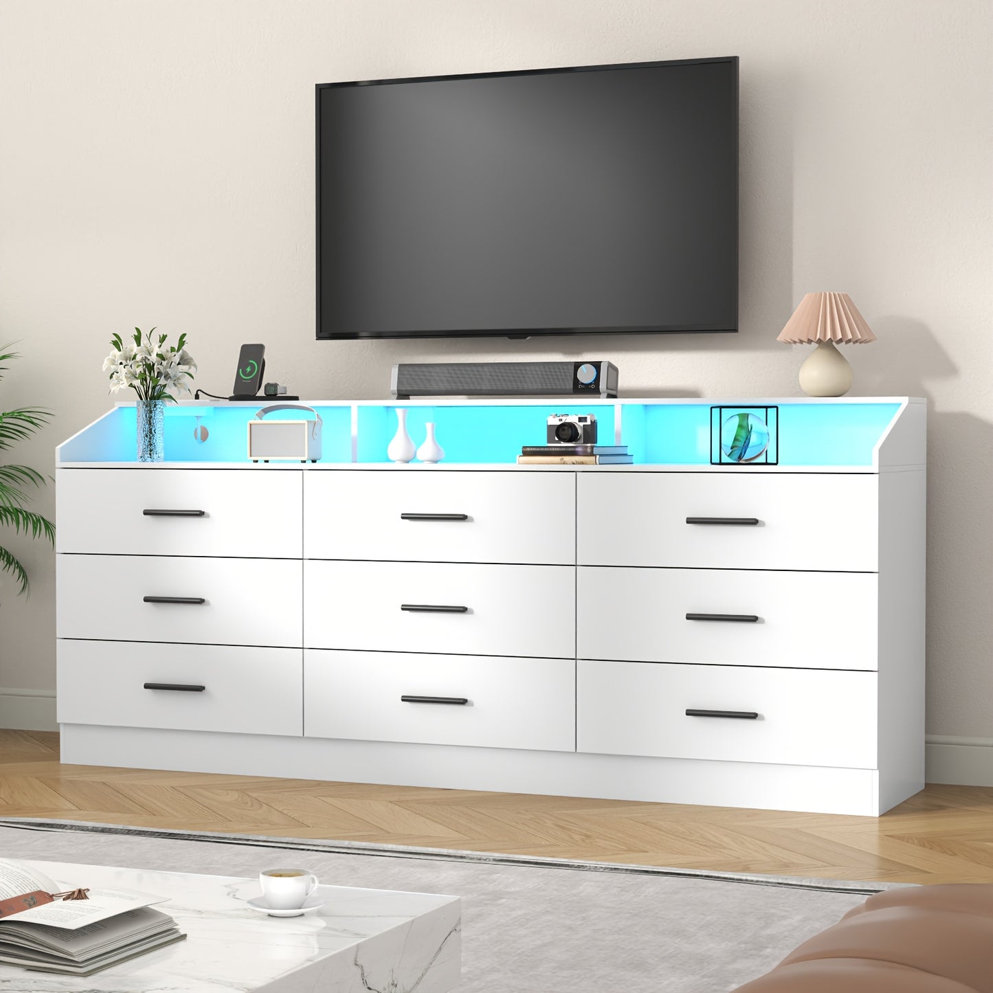 [Home Relaxation] Modern White 9-Drawer Double Dresser with LED Lighting & Power Outlet – Stylish Bedroom and Closet Organizer, Spacious Storage for Home, Perfect for Makeup, Accessories, and Personal Items, Bedroom Organizer | Minimalist Design | Integrated Power Outlet, Bedroom Decor And Accessories, Storage Drawer Units
