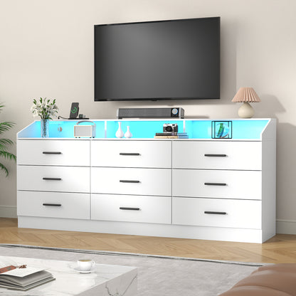 [Home Relaxation] Modern White 9-Drawer Double Dresser with LED Lighting & Power Outlet – Stylish Bedroom and Closet Organizer, Spacious Storage for Home, Perfect for Makeup, Accessories, and Personal Items, Bedroom Organizer | Minimalist Design | Integrated Power Outlet, Bedroom Decor And Accessories, Storage Drawer Units